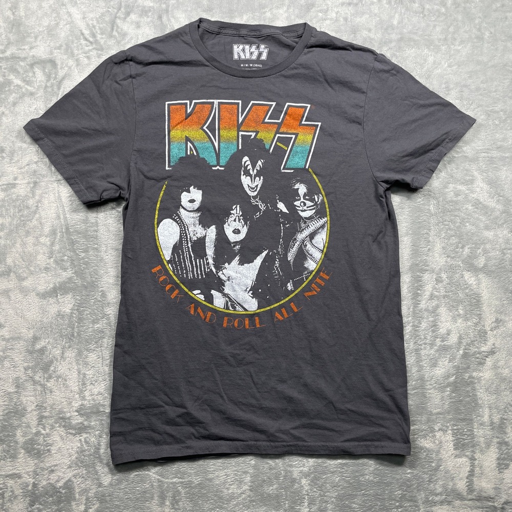 KISS Rock and Roll All Nite Graphic T Shirt Men's Gray Band Tee Medium‎